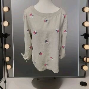 Linen Charter Clun Luxury Blouse Size M Beige Embroidered Floral 100% Linen